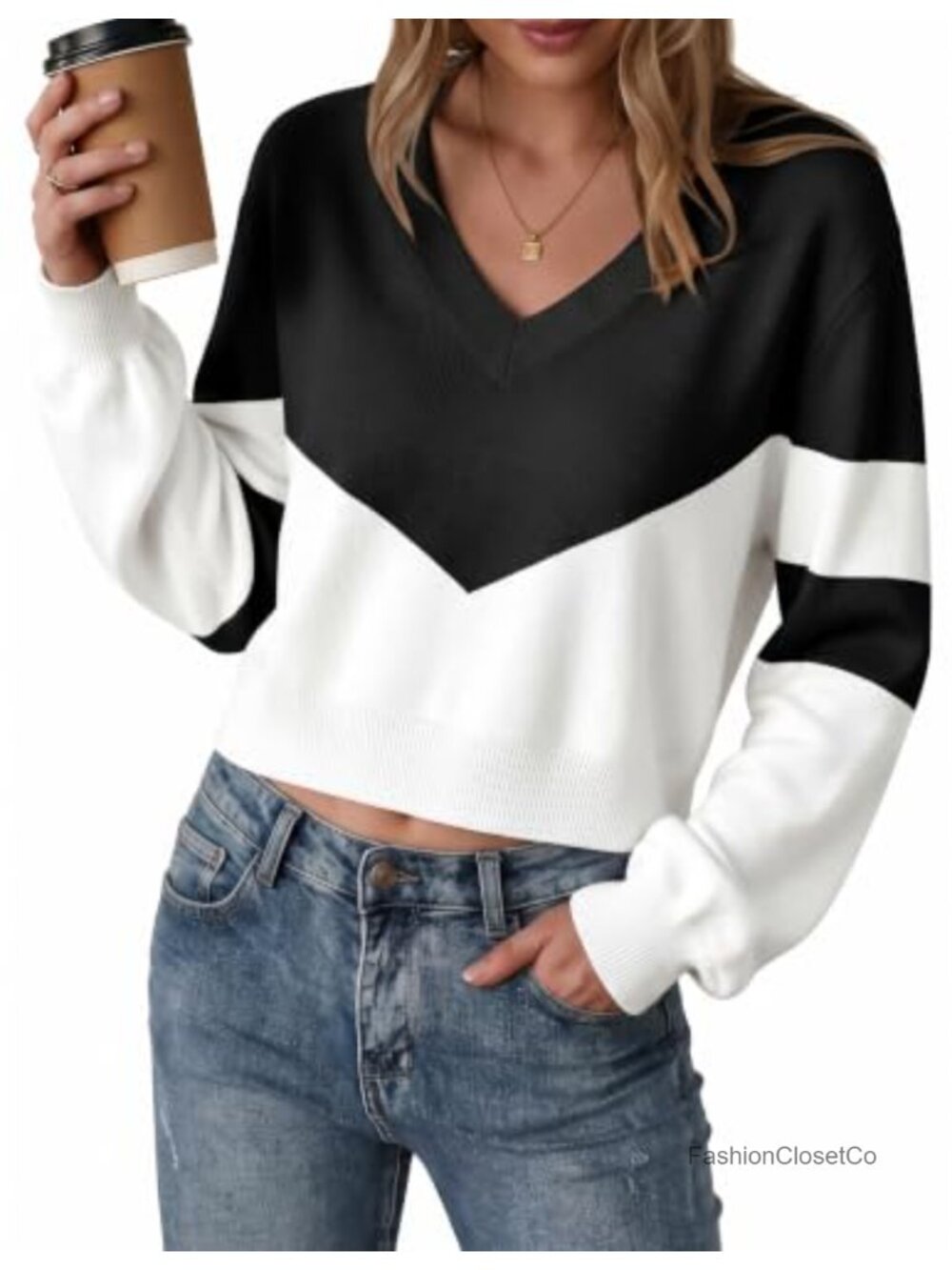 V-Neck Cropped Knit Pullover Sweater Long Lantern Sleeve Ribbed